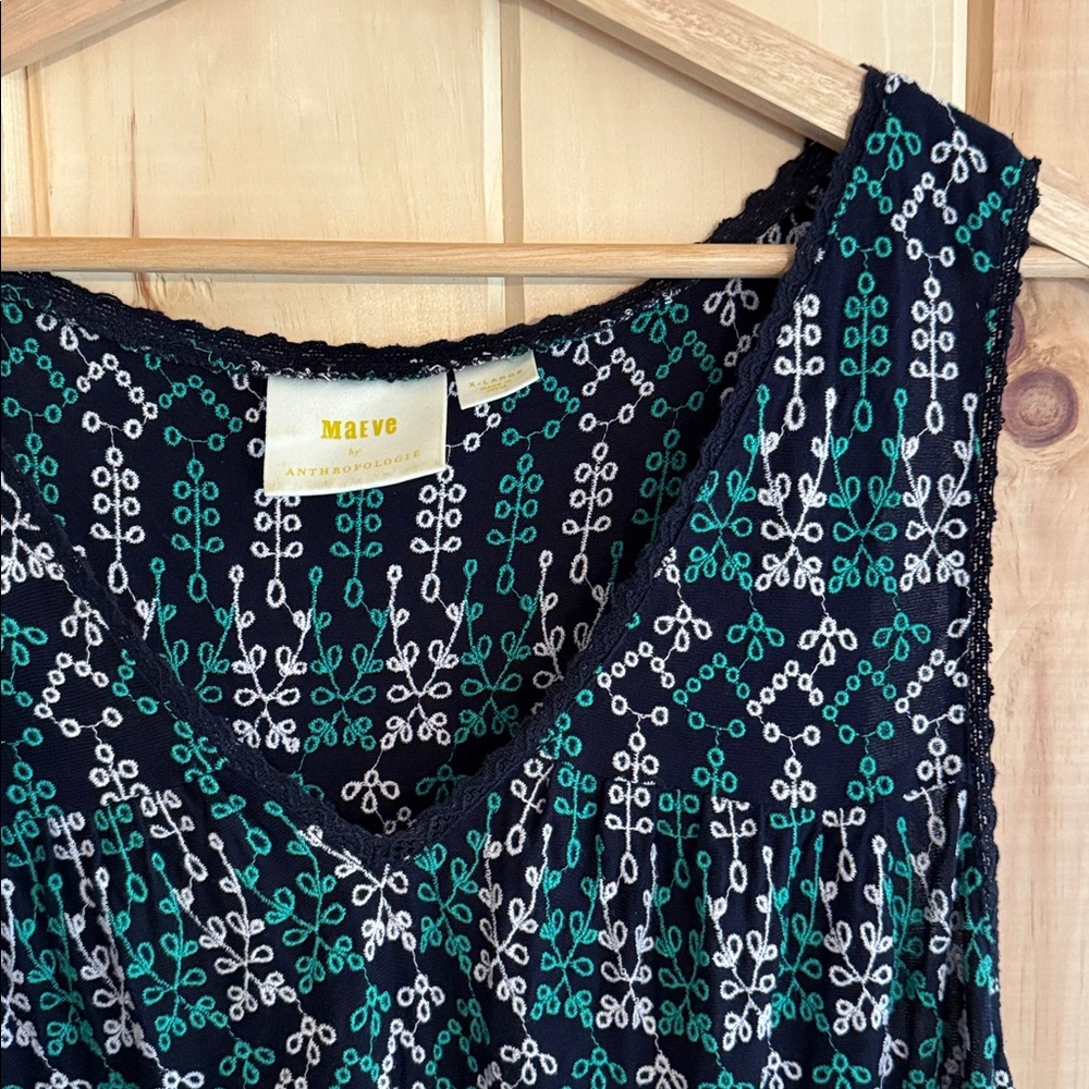 Maeve Black Tank with White and Teal Embroidered Pattern